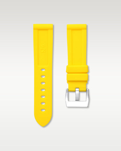 Pair view of WISSTRAPS 22mm Lemon Yellow calibrated rubber watch strap with pre-installed silver pin buckle and spring bars