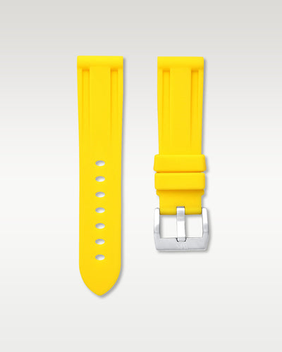 WISSTRAPS 22mm Lemon Yellow calibrated rubber watch strap featuring a flush case fit and brushed stainless steel buckle