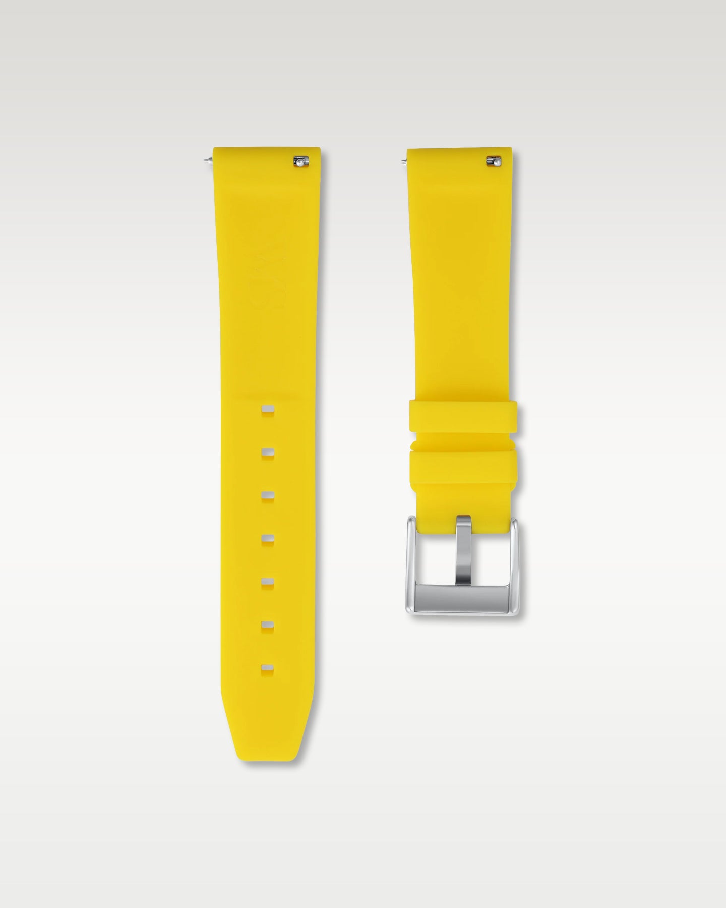 Pair view of WISSTRAPS 20mm Lemon Yellow quick release rubber watch strap with pre-installed silver pin buckle and quick release spring bars