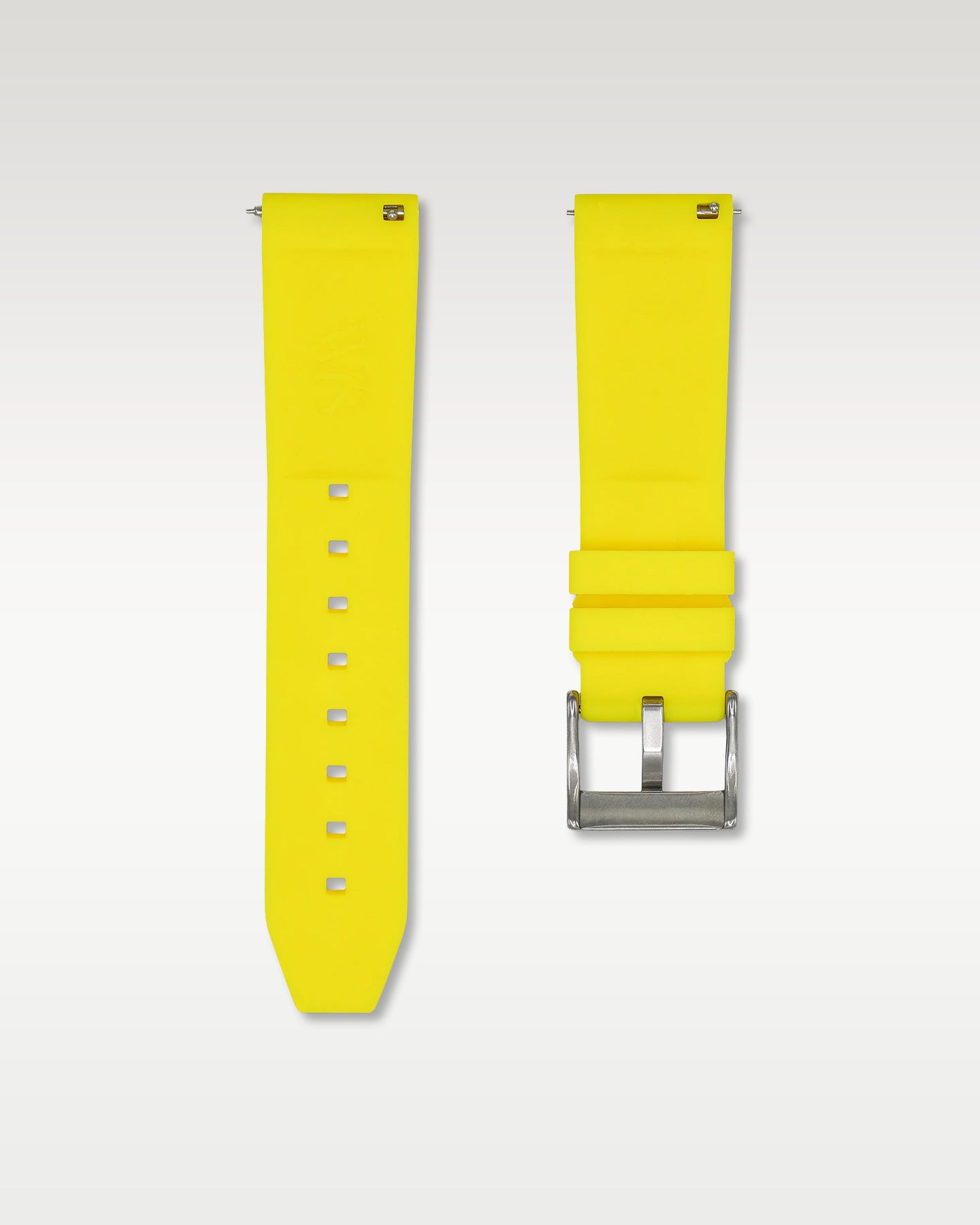 Pair view of WISSTRAPS 22mm Lemon Yellow quick release rubber watch strap with pre-installed silver pin buckle and quick release spring bars