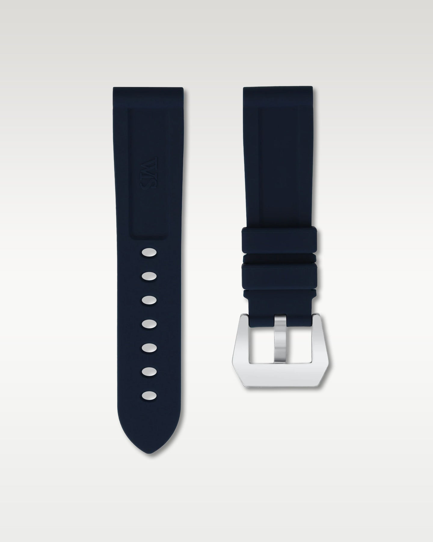 Pair view of WISSTRAPS 24mm Marine Blue calibrated rubber watch strap showing seamless case alignment and spring bars
