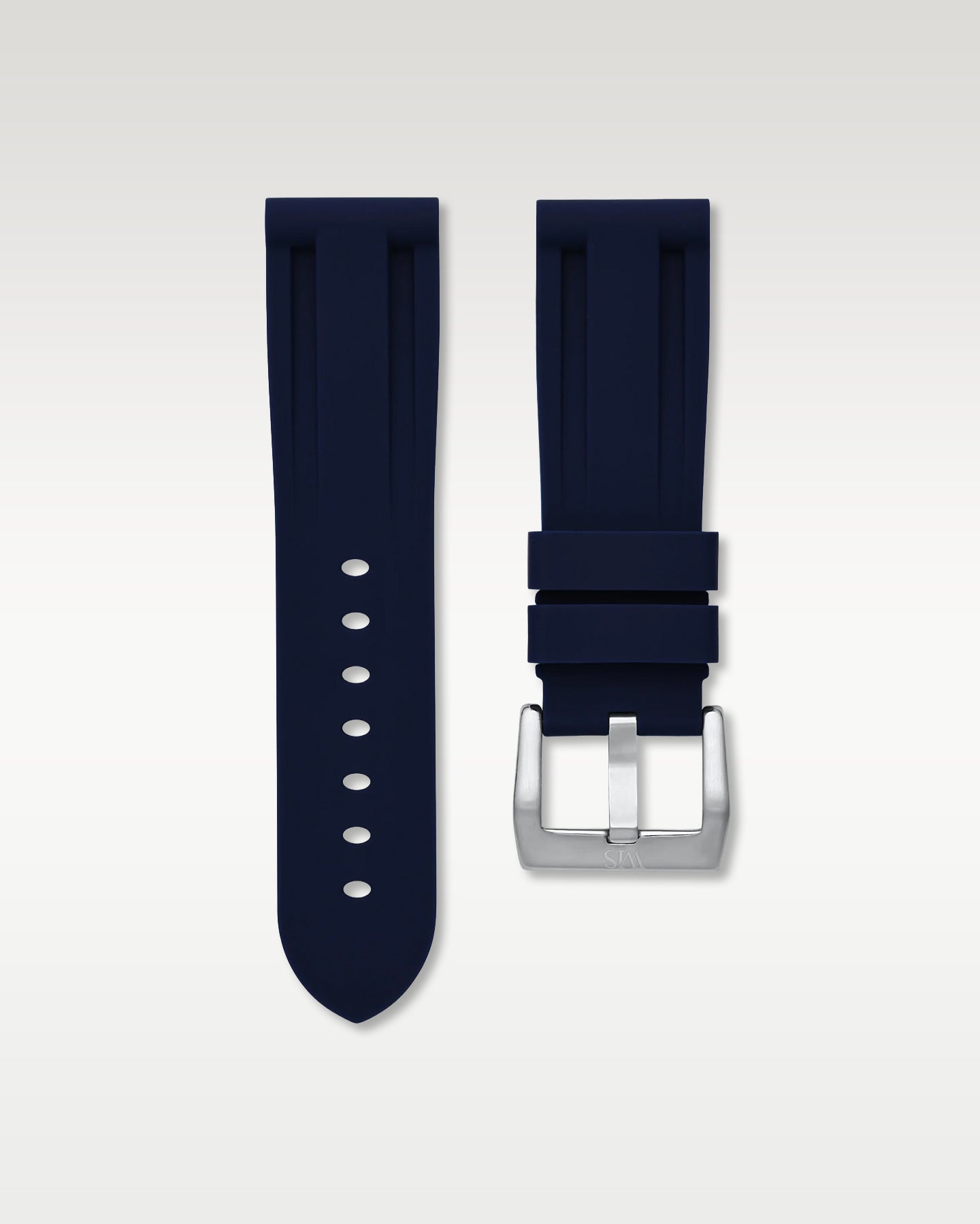 WISSTRAPS 22mm Marine Blue calibrated rubber watch strap featuring a flush case fit and brushed stainless steel buckle