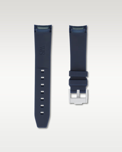 Pair view of WISSTRAPS 20mm Marine Blue curved end rubber watch strap with pre-installed silver pin buckle