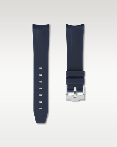 WISSTRAPS 20mm Marine Blue integrated curved end rubber watch strap featuring a seamless flush lug fit and brushed stainless steel buckle