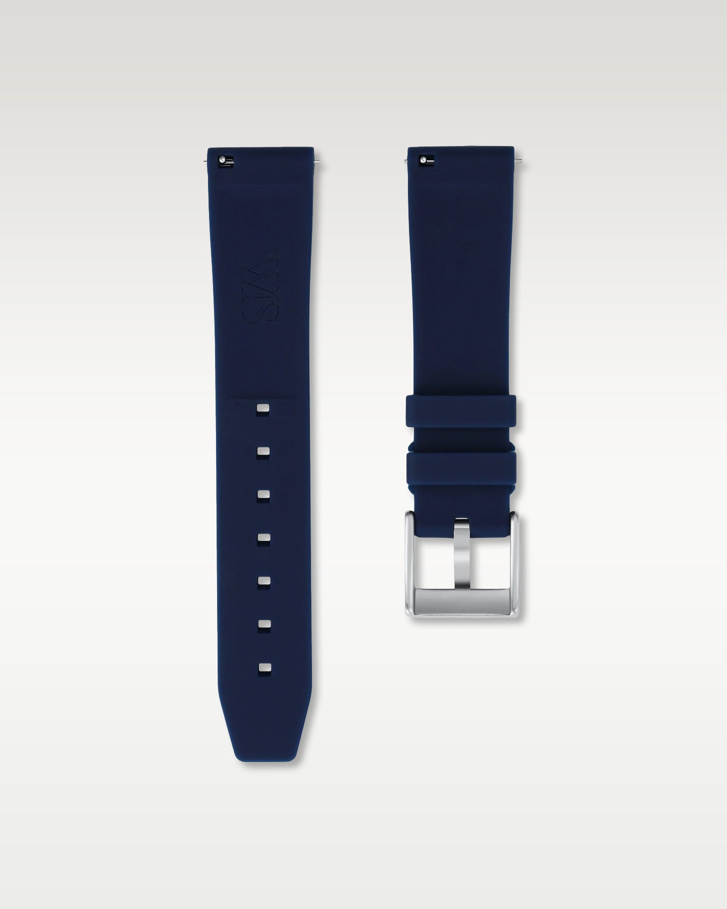 Pair view of WISSTRAPS 20mm Marine Blue quick release rubber watch strap with pre-installed silver pin buckle and quick release spring bars