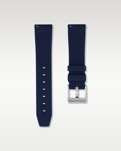 Pair view of WISSTRAPS 20mm Marine Blue quick release rubber watch strap with pre-installed silver pin buckle and quick release spring bars
