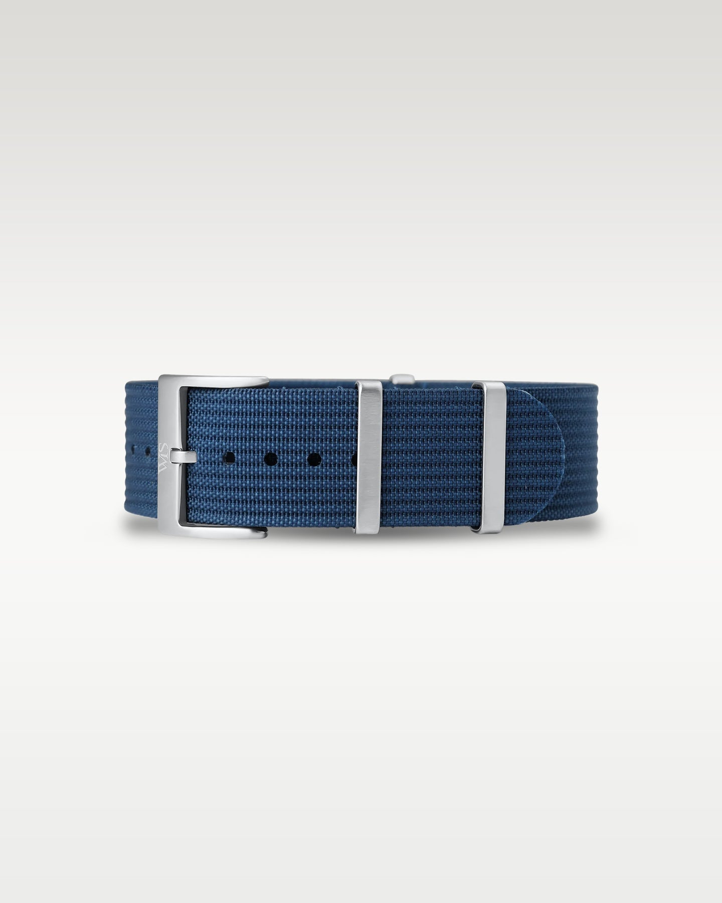 Flat layout view of a deep marine blue woven nylon watch strap folded with brushed silver hardware