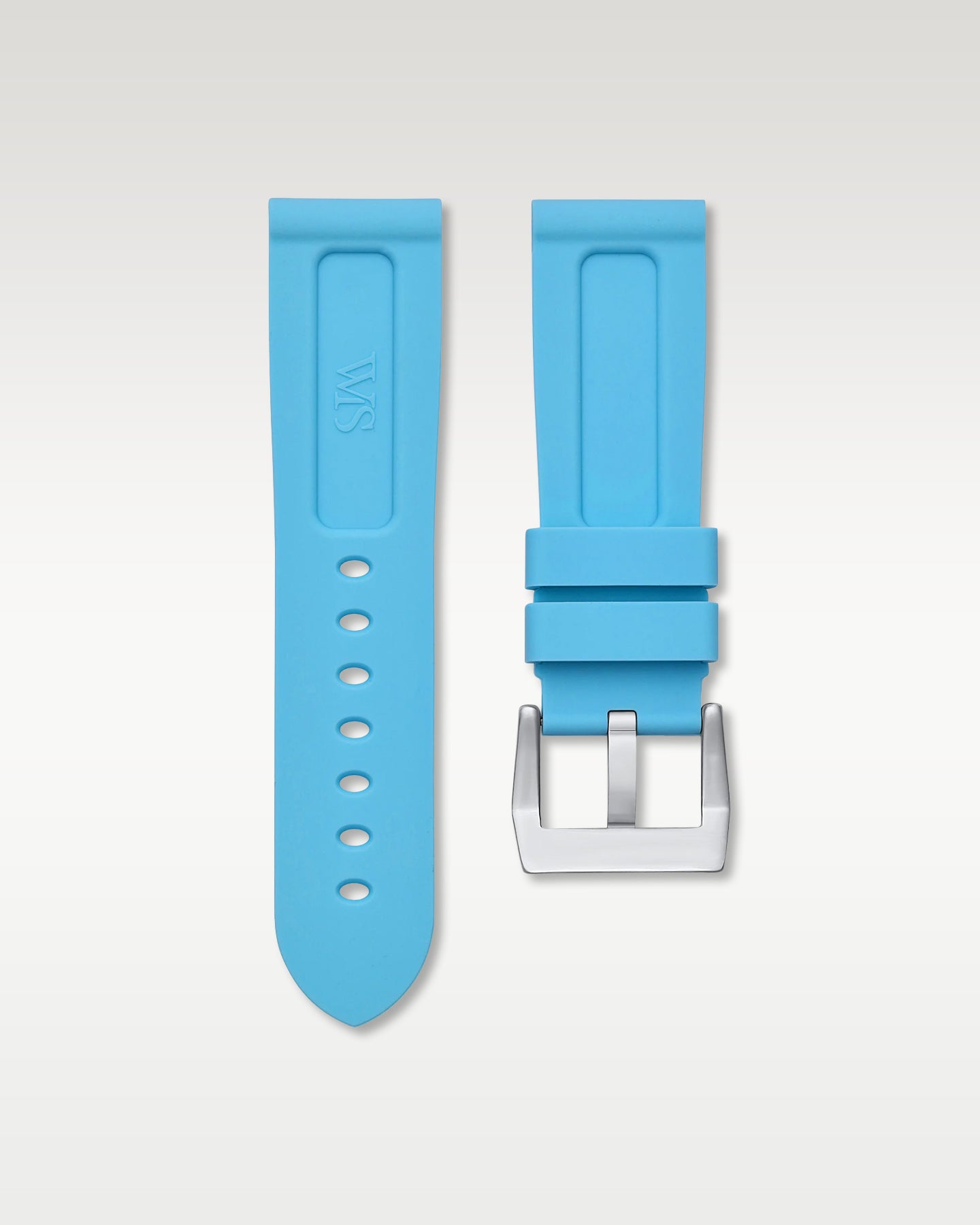 Underside view of WISSTRAPS 22mm Miami Blue calibrated rubber watch strap with pre-installed silver pin buckle and spring bars