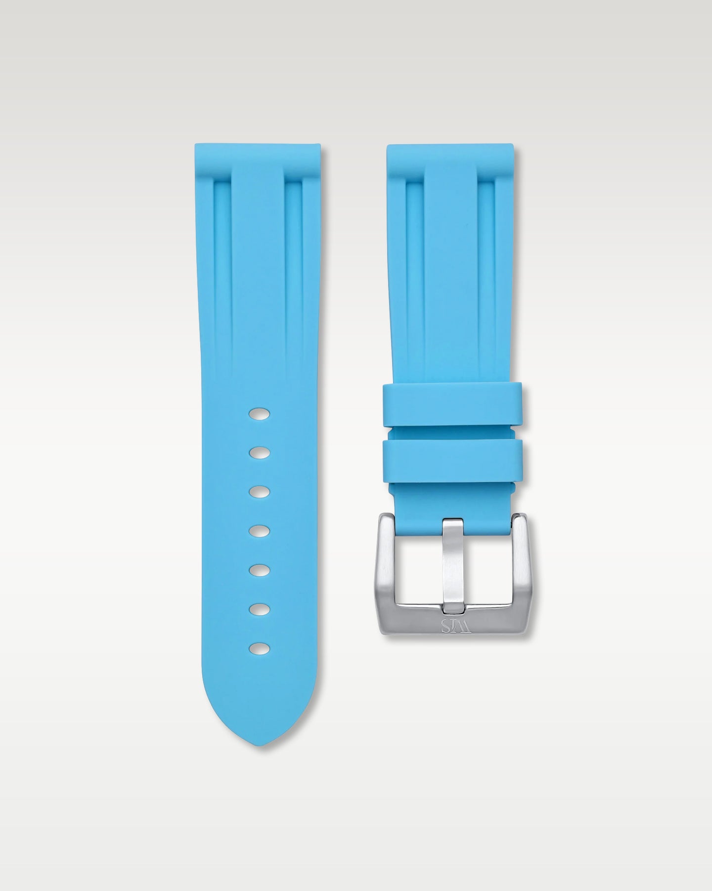 WISSTRAPS 22mm Miami Blue calibrated rubber watch strap featuring a flush case fit and brushed stainless steel buckle