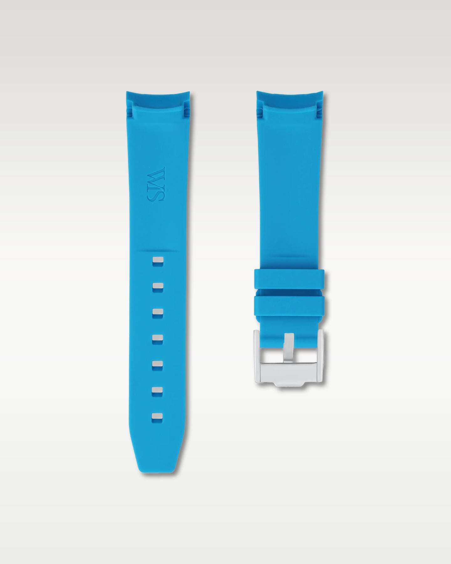 Pair view of WISSTRAPS 20mm Miami Blue curved end rubber watch strap with pre-installed silver pin buckle