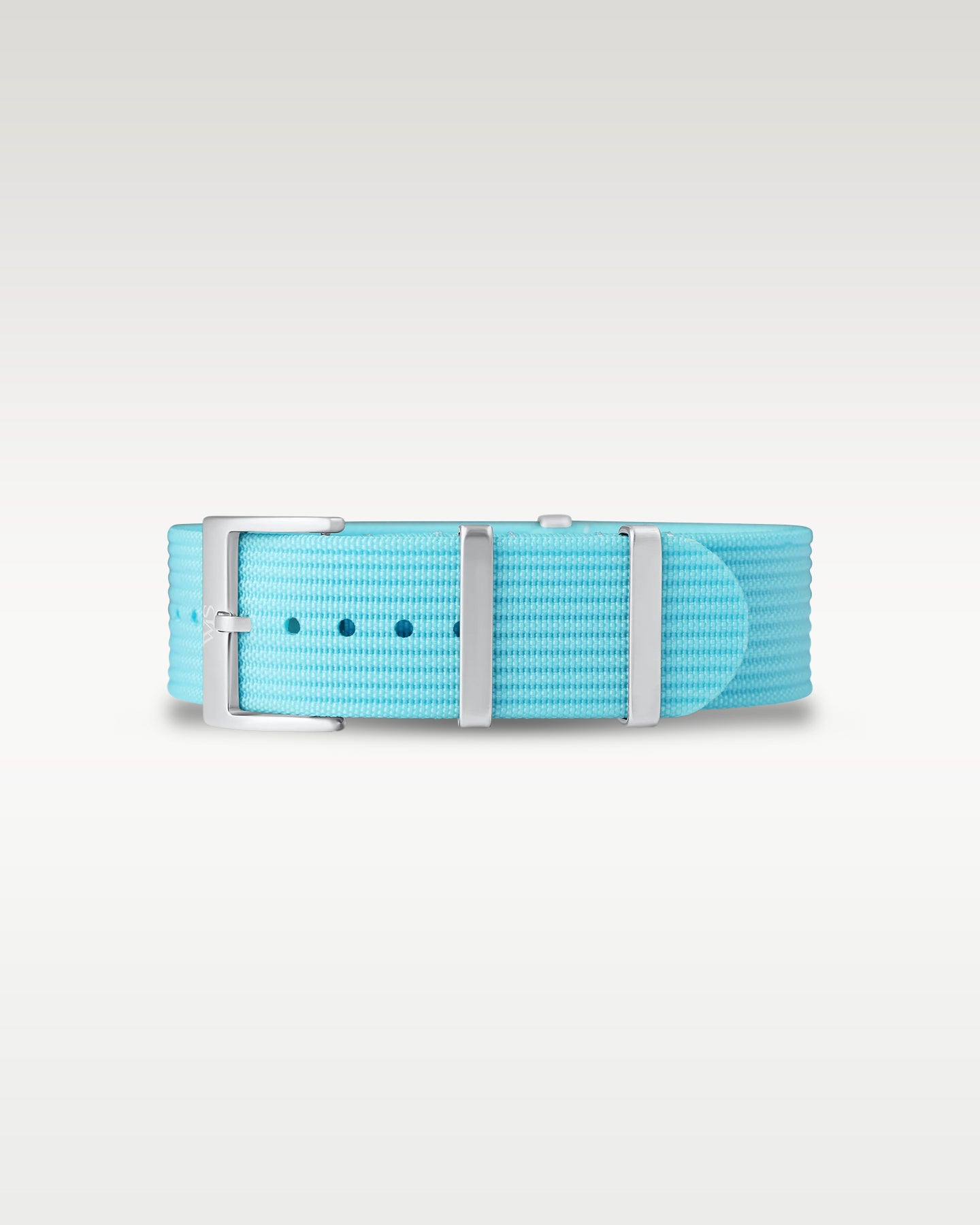 Flat layout view of a vibrant Miami blue woven nylon watch strap folded with brushed steel hardware