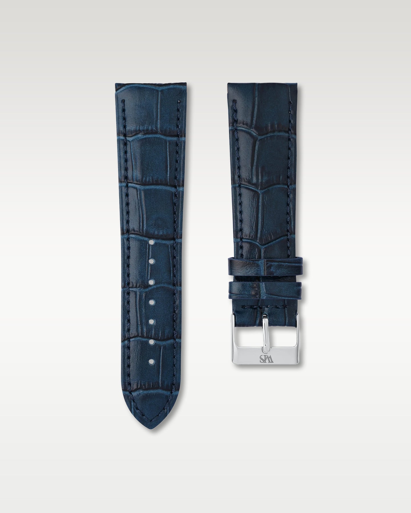 WISSTRAPS 24mm Midnight Blue Italian alligator embossed leather watch strap with matching blue stitching and a stainless steel buckle