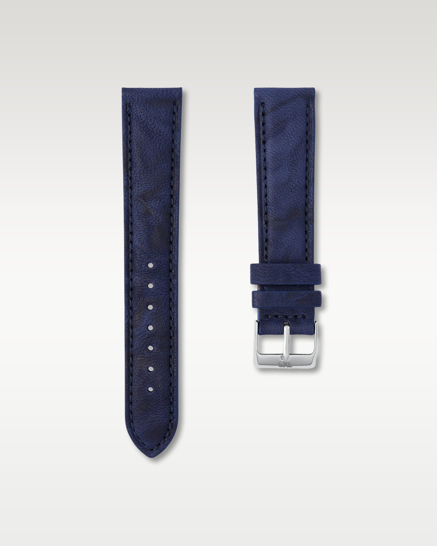 WISSTRAPS 20mm Midnight Blue Italian calf leather watch strap featuring marbled navy tones, tonal stitching, and stainless steel buckle