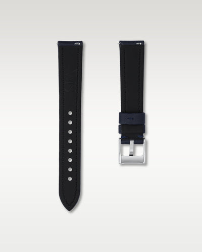 Pair view of WISSTRAPS 18mm Midnight Blue sailcloth watch strap with pre-installed quick release spring bars and brushed buckle
