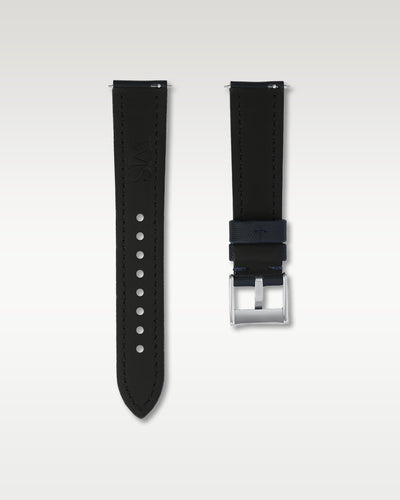 underside view of WISSTRAPS 20mm Midnight Blue sailcloth watch strap showing quick release pins and brushed pin buckle