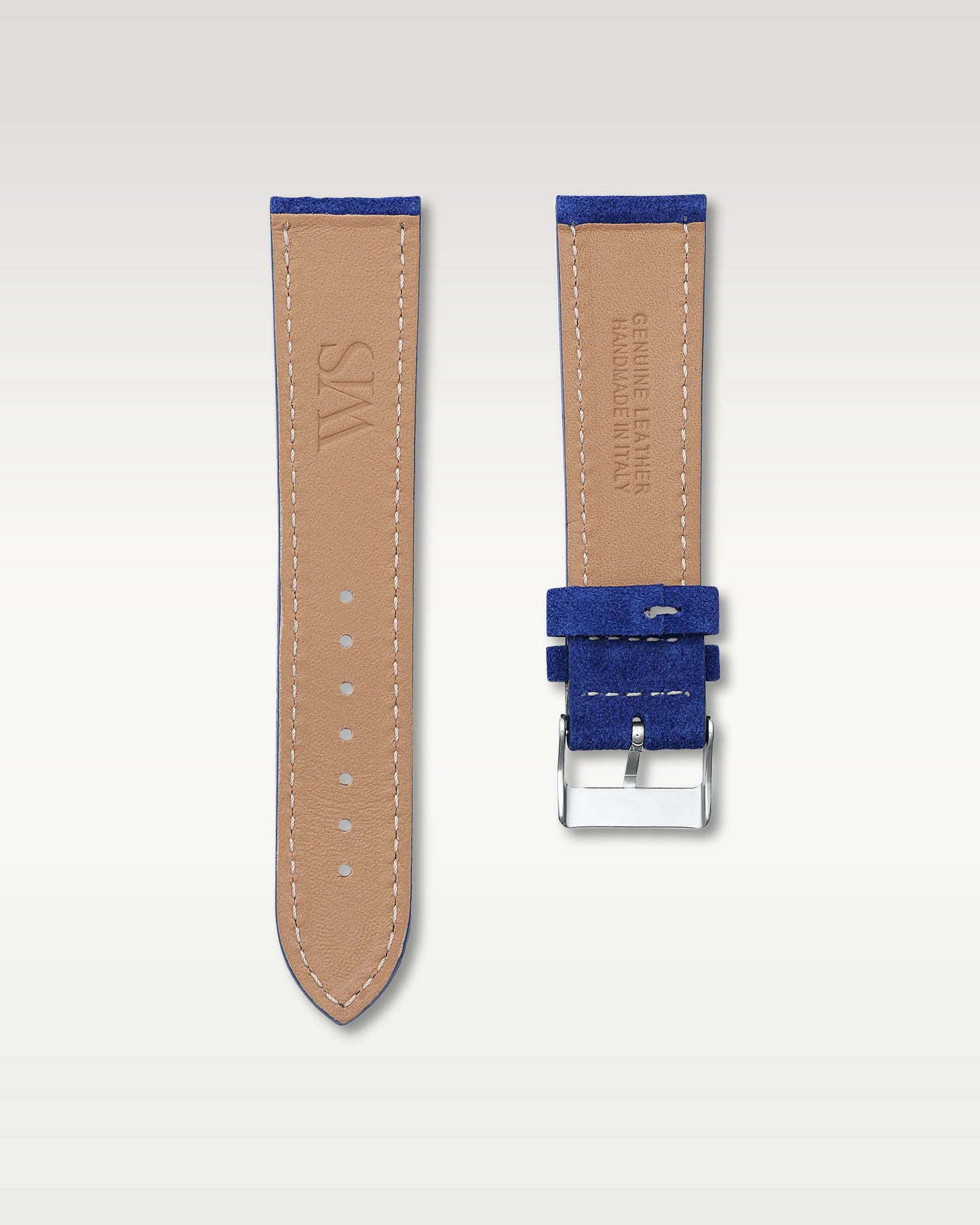 Underside view of WISSTRAPS 22mm Ocean Blue suede leather watch strap showing soft tan lining and stamped brand logo