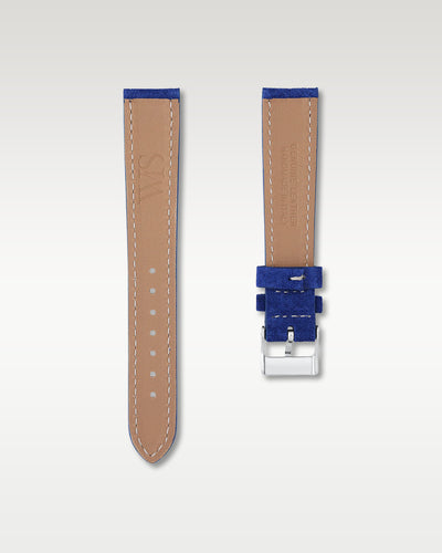 Underside view of WISSTRAPS 18mm Ocean Blue suede leather watch strap showing soft tan lining and stamped brand logo