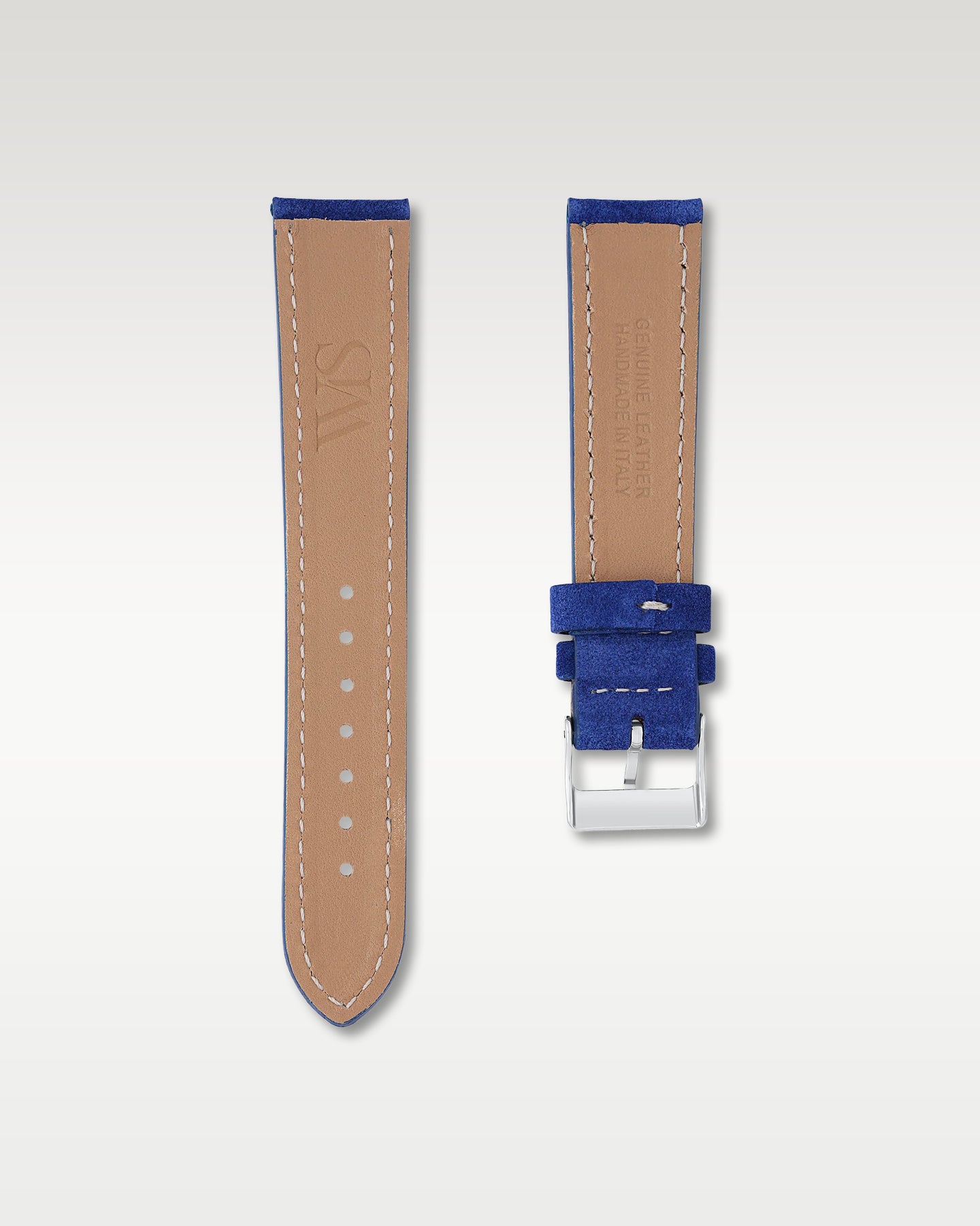 Underside view of WISSTRAPS 20mm Ocean Blue suede leather watch strap showing soft tan lining and stamped brand logo
