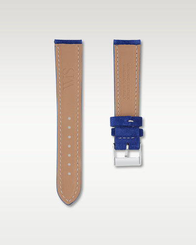 Underside view of WISSTRAPS 20mm Ocean Blue suede leather watch strap showing soft tan lining and stamped brand logo