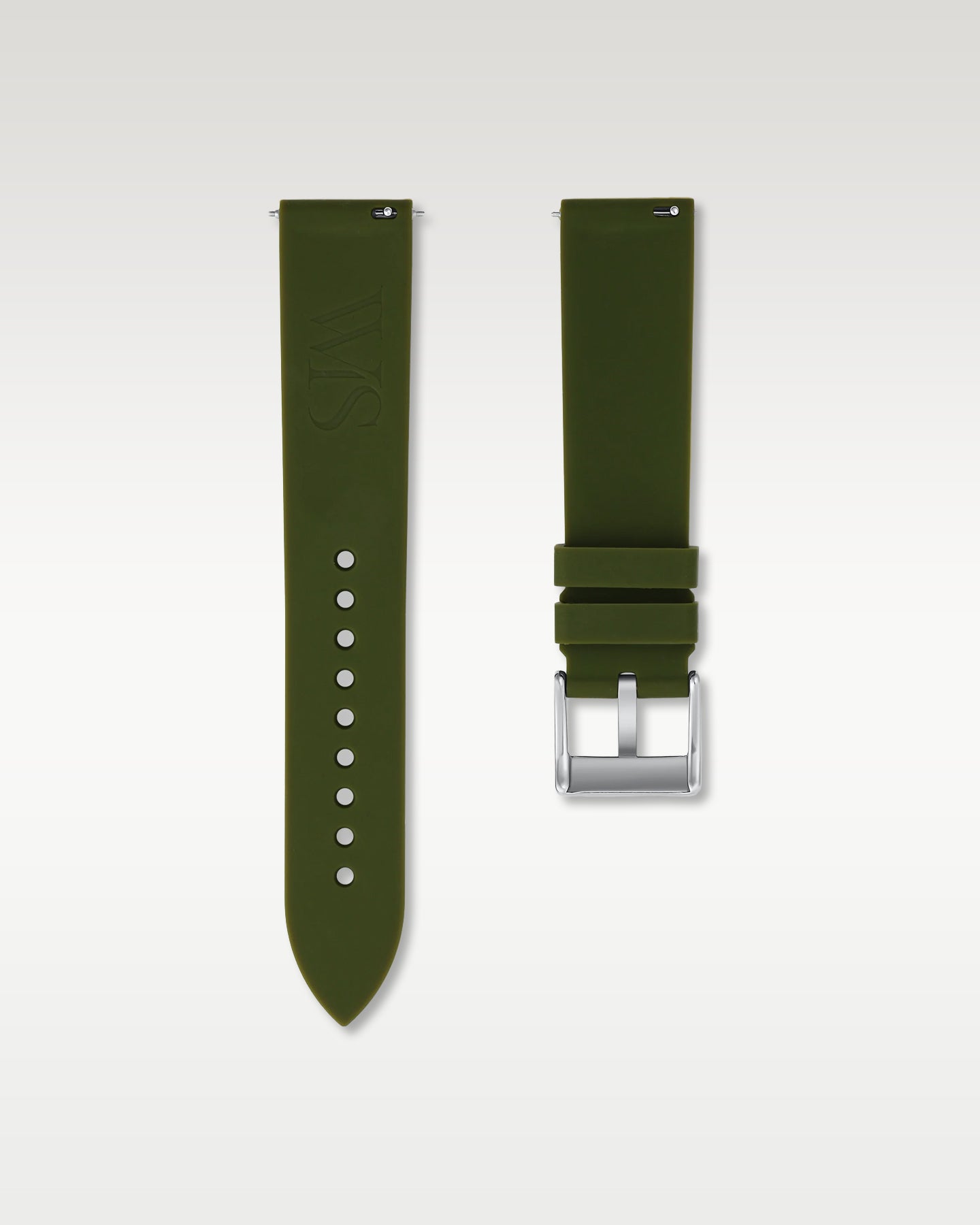 Pair view of WISSTRAPS 20mm Olive Green quick release rubber watch strap with pre-installed silver pin buckle and quick release spring bars