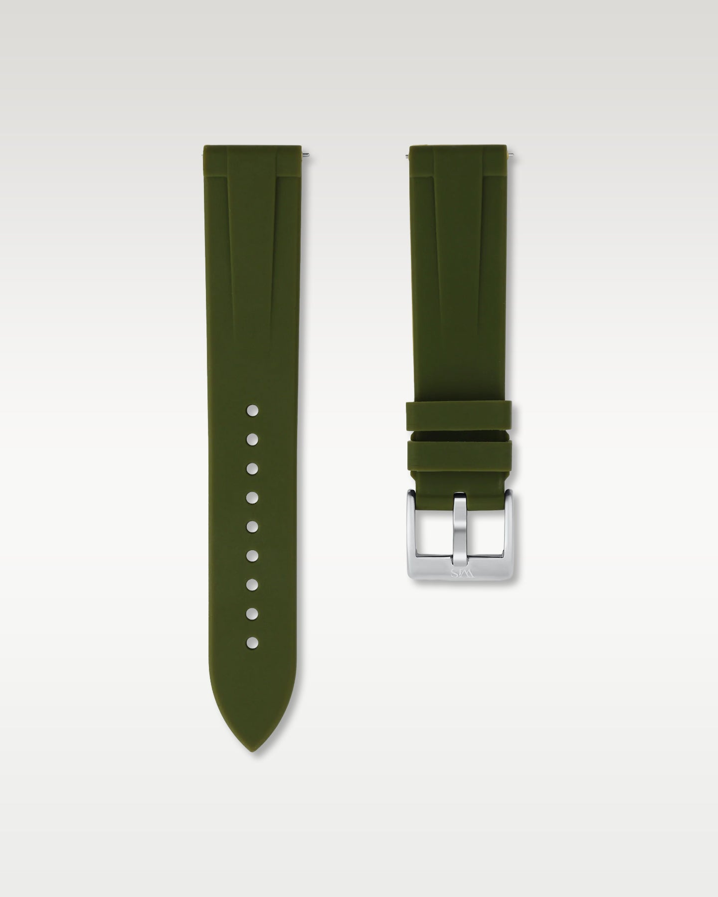 WISSTRAPS 20mm Olive Green quick release rubber watch strap featuring a straight lug fit and brushed stainless steel buckle