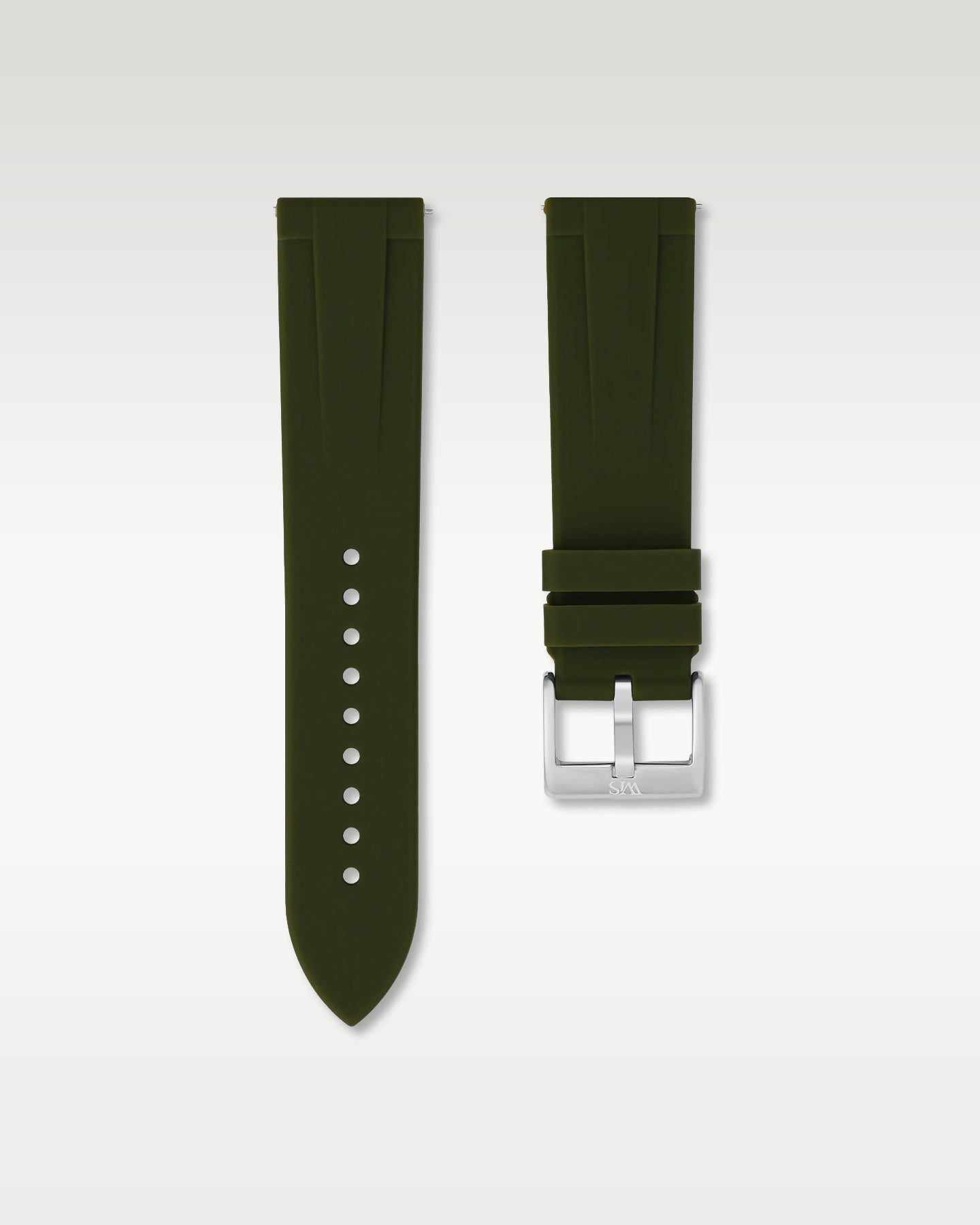 WISSTRAPS 22mm Olive Green quick release rubber watch strap featuring a straight lug fit and brushed stainless steel buckle