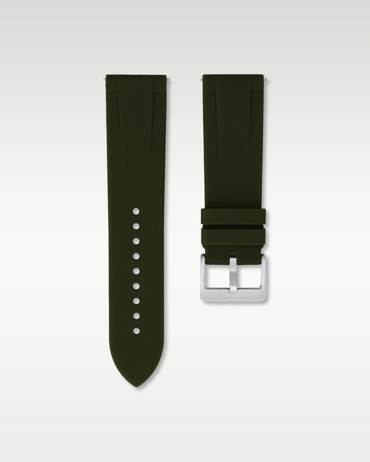 WISSTRAPS 24mm Olive Green quick release rubber watch strap featuring a straight lug fit and brushed stainless steel buckle