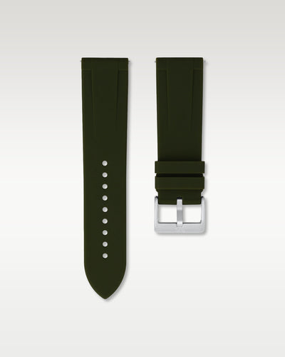 WISSTRAPS 24mm Olive Green quick release rubber watch strap featuring a straight lug fit and brushed stainless steel buckle