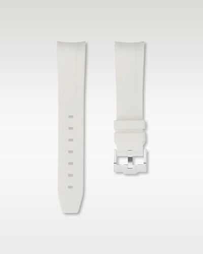 WISSTRAPS 21mm Polar White integrated curved end rubber watch strap featuring a seamless flush lug fit and pre-installed silver pin buckle