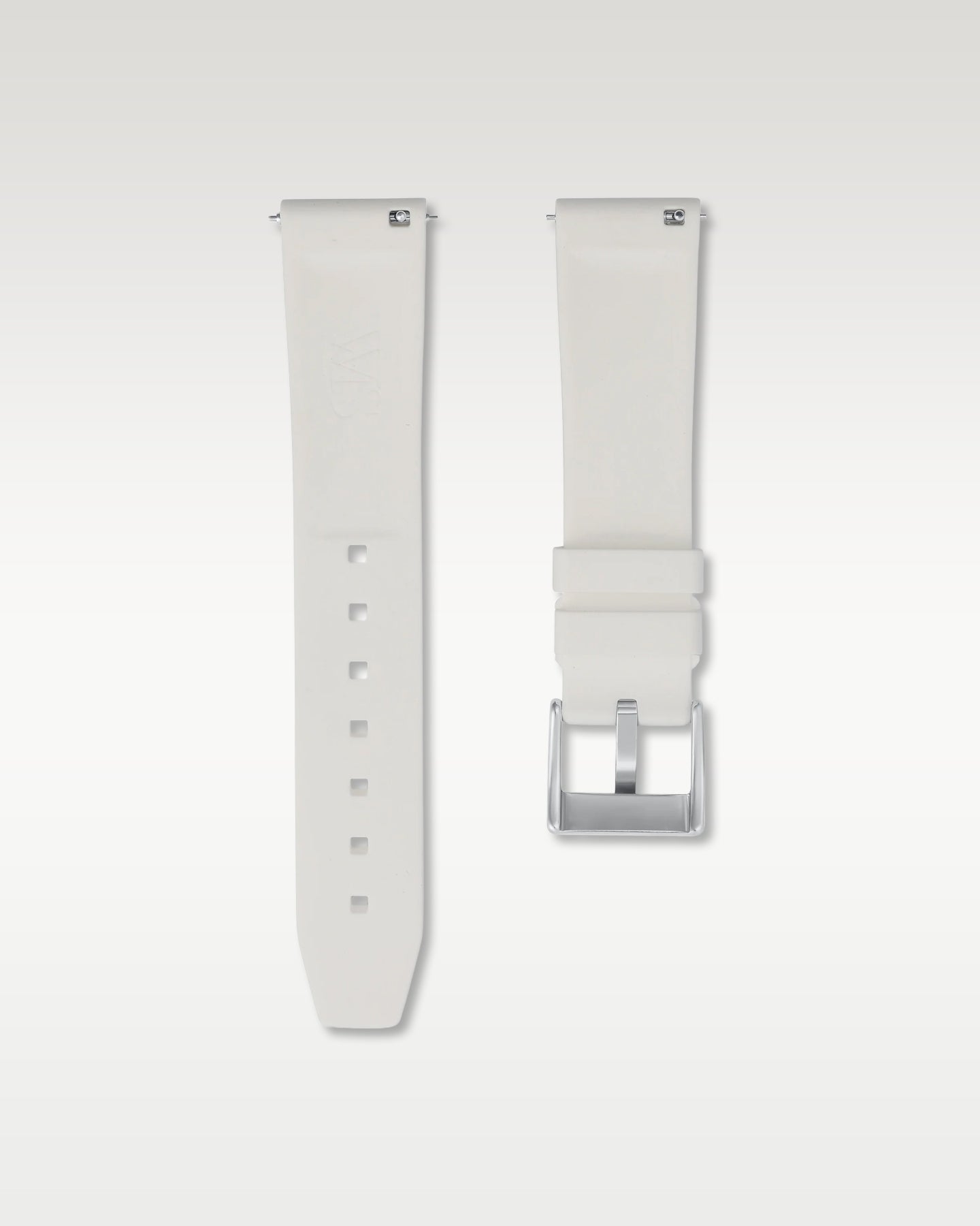 Pair view of WISSTRAPS 20mm Polar White quick release rubber watch strap with pre-installed silver pin buckle and quick release spring bars