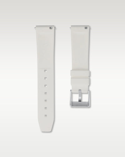 Pair view of WISSTRAPS 20mm Polar White quick release rubber watch strap with pre-installed silver pin buckle and quick release spring bars