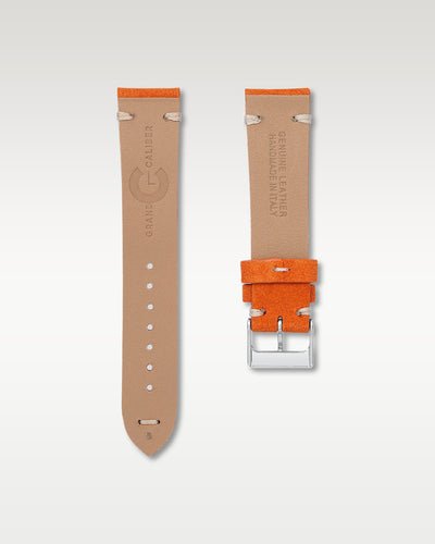 Underside view of WISSTRAPS 20mm Pumpkin Orange suede leather watch strap showing soft tan lining and stamped brand logo