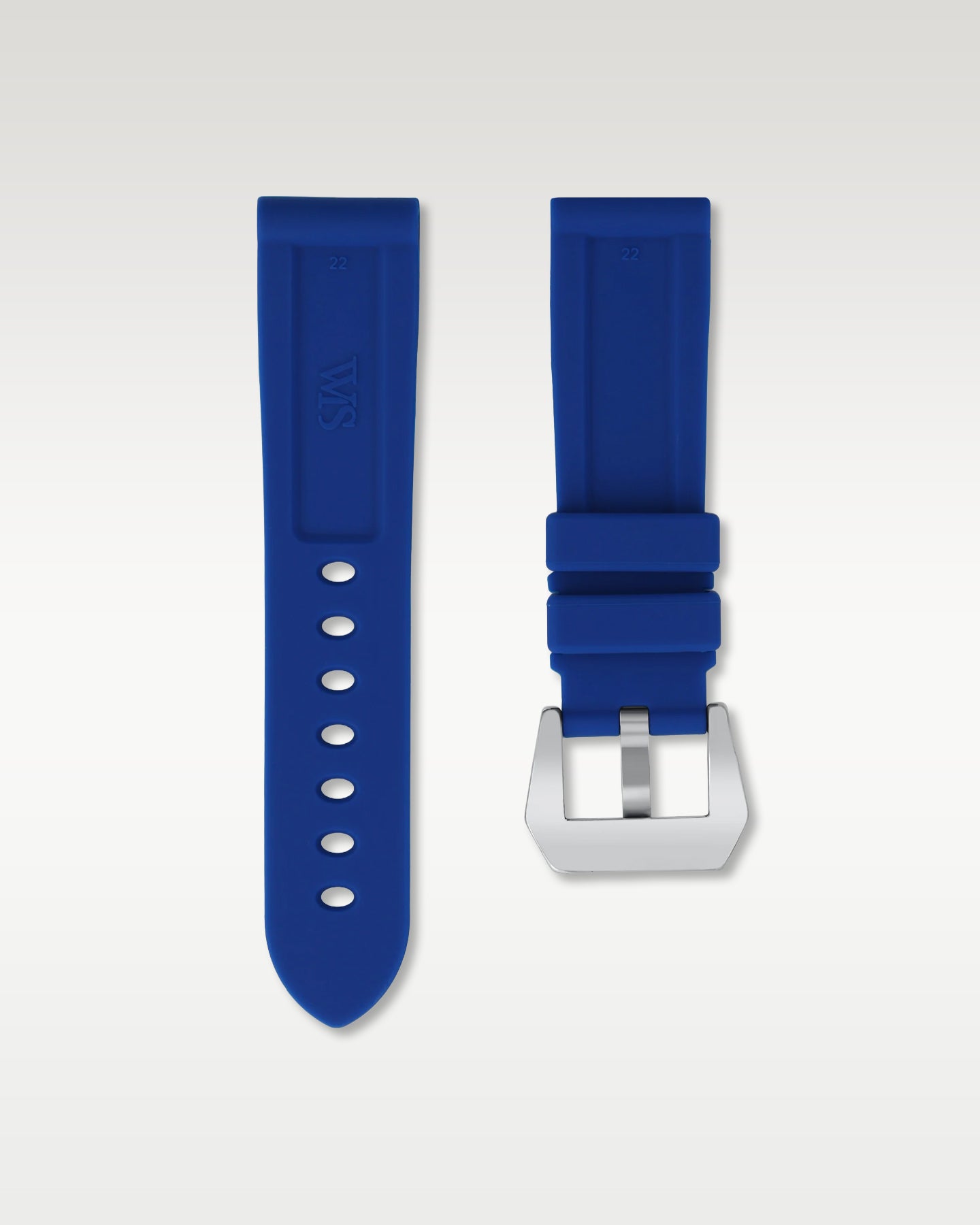 Pair view of WISSTRAPS 22mm Royal Blue calibrated rubber watch strap with pre-installed silver pin buckle and spring bars