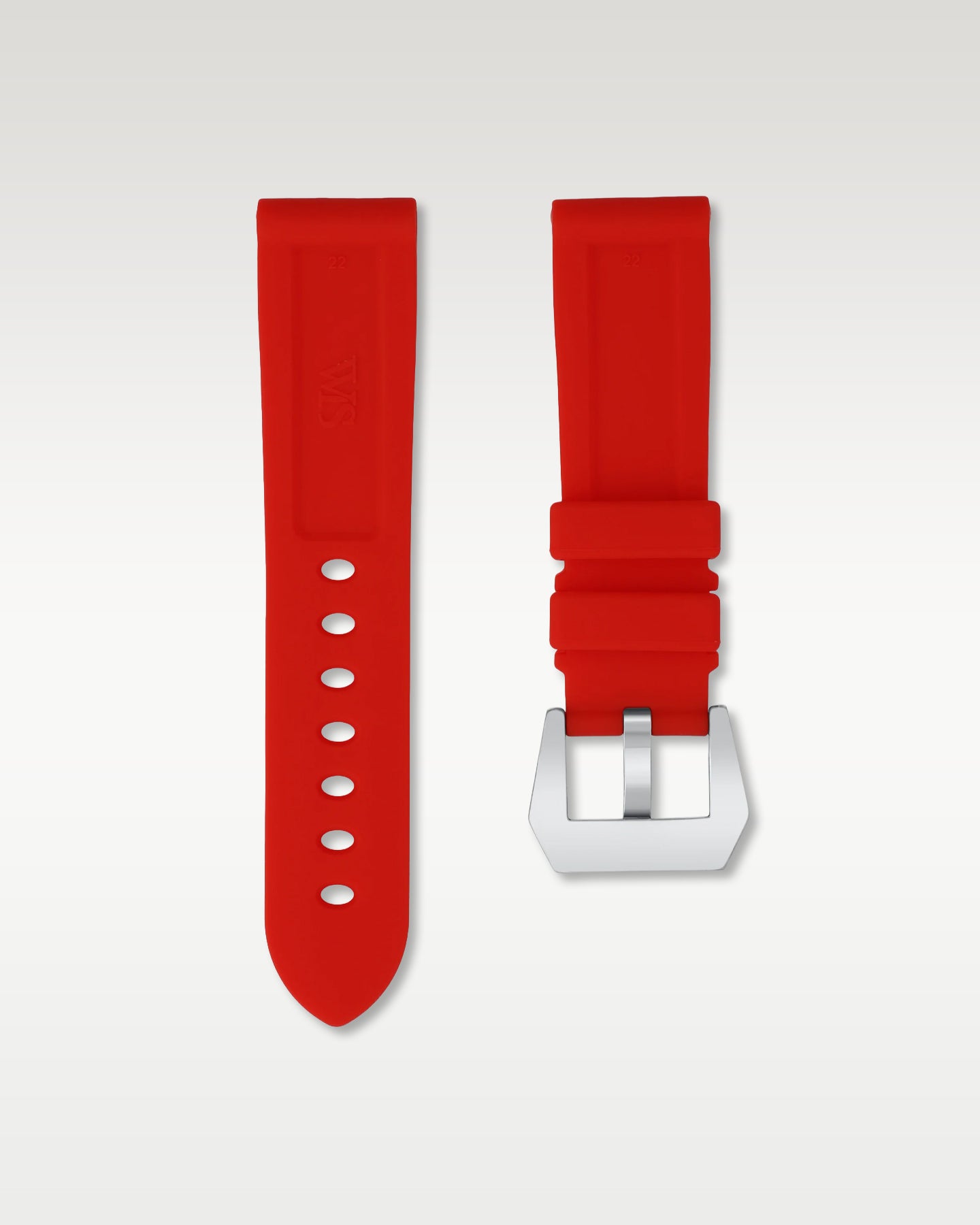 Pair view of WISSTRAPS 22mm Salmon Red calibrated rubber watch strap with pre-installed silver pin buckle and spring bars