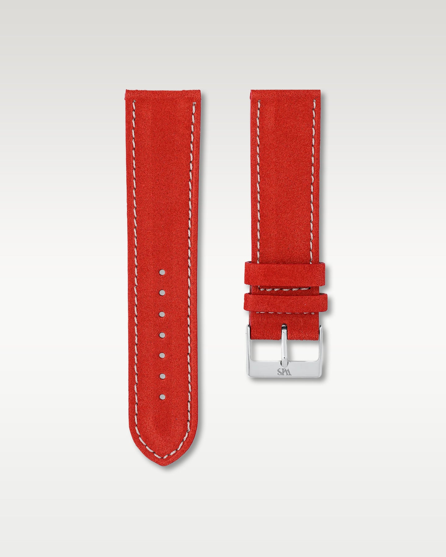 WISSTRAPS 24mm Salmon Red soft suede leather watch strap featuring white contrast perimeter stitching and a brushed stainless steel buckle