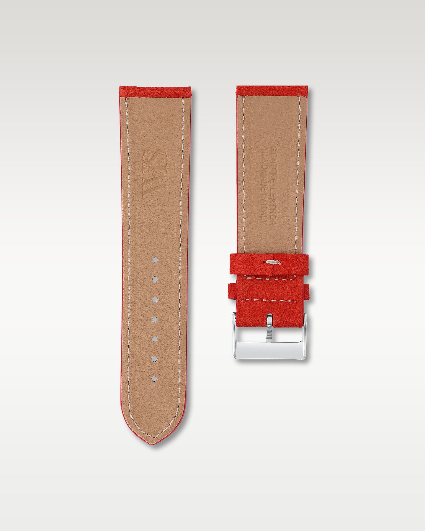Underside view of WISSTRAPS 24mm Salmon Red suede leather watch strap showing soft tan lining and stamped brand logo