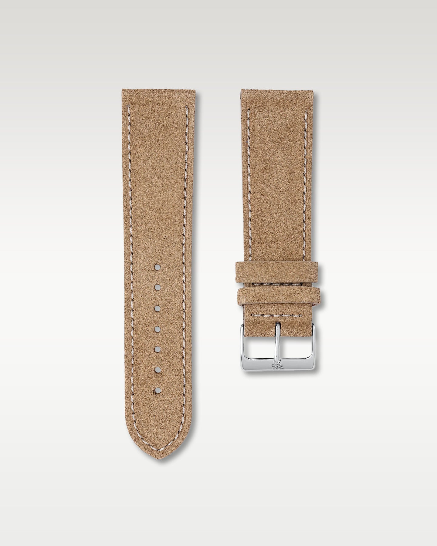 WISSTRAPS 24mm Sand Tan Italian soft suede leather watch strap featuring white contrast perimeter stitching and a brushed stainless steel buckle