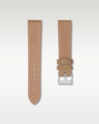 Underside view of WISSTRAPS 20mm Sand Tan suede leather watch strap showing soft tan lining and stamped brand logo
