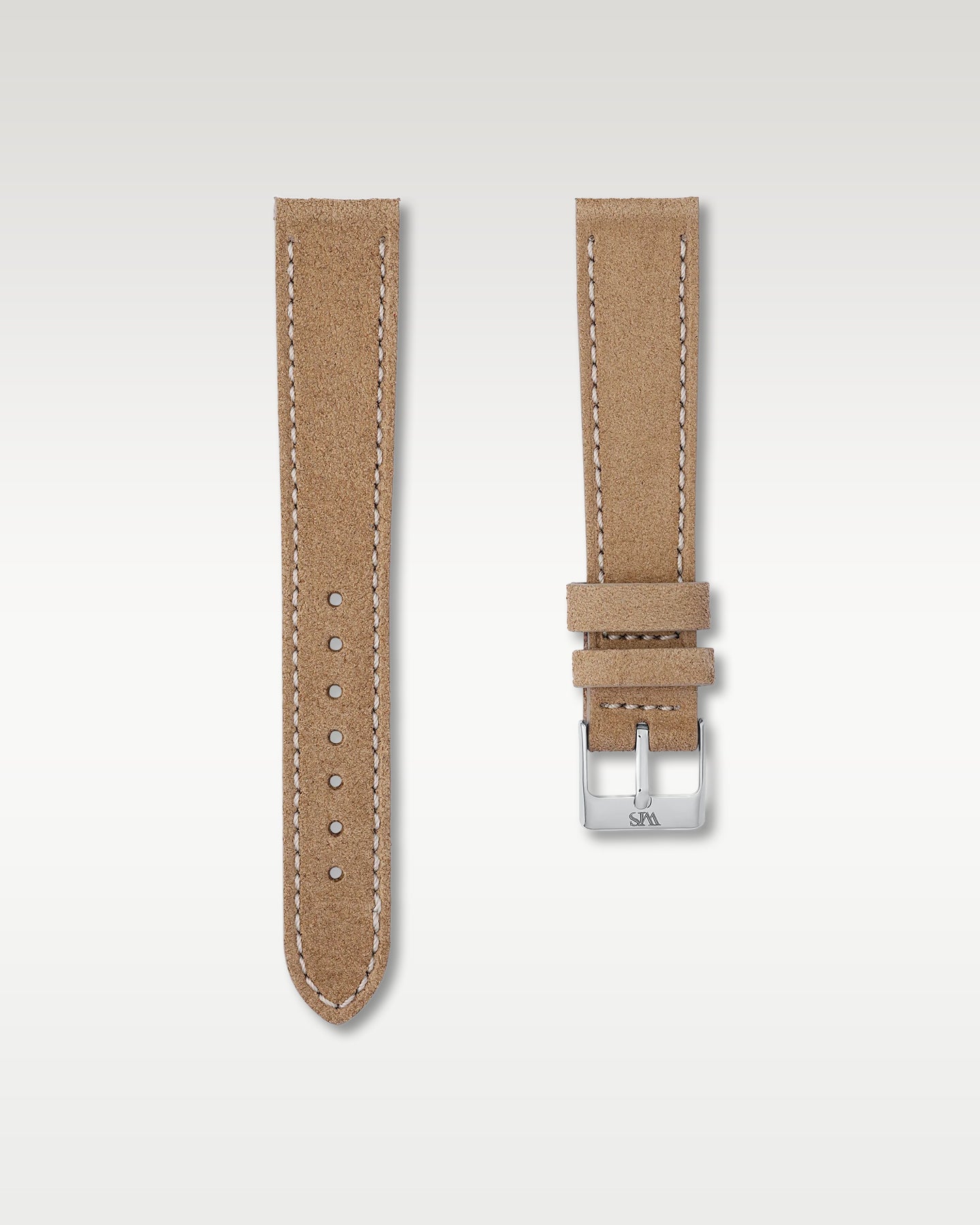 WISSTRAPS 18mm Sand Tan soft suede leather watch strap featuring white contrast perimeter stitching and a stainless steel pin buckle