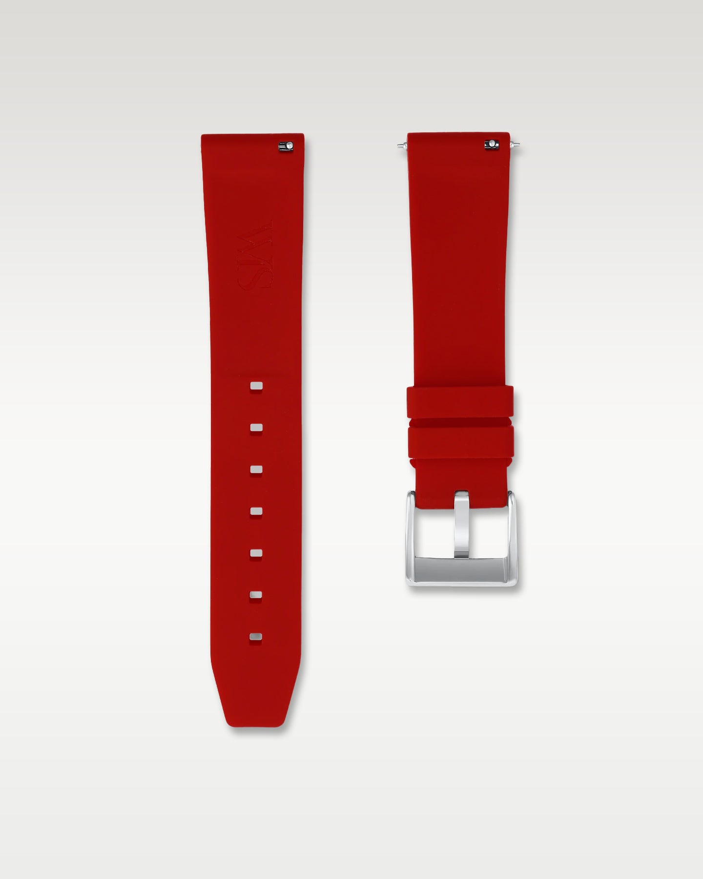 WISSTRAPS 20mm Scarlet Red quick release rubber watch strap featuring a straight lug fit and brushed stainless steel buckle