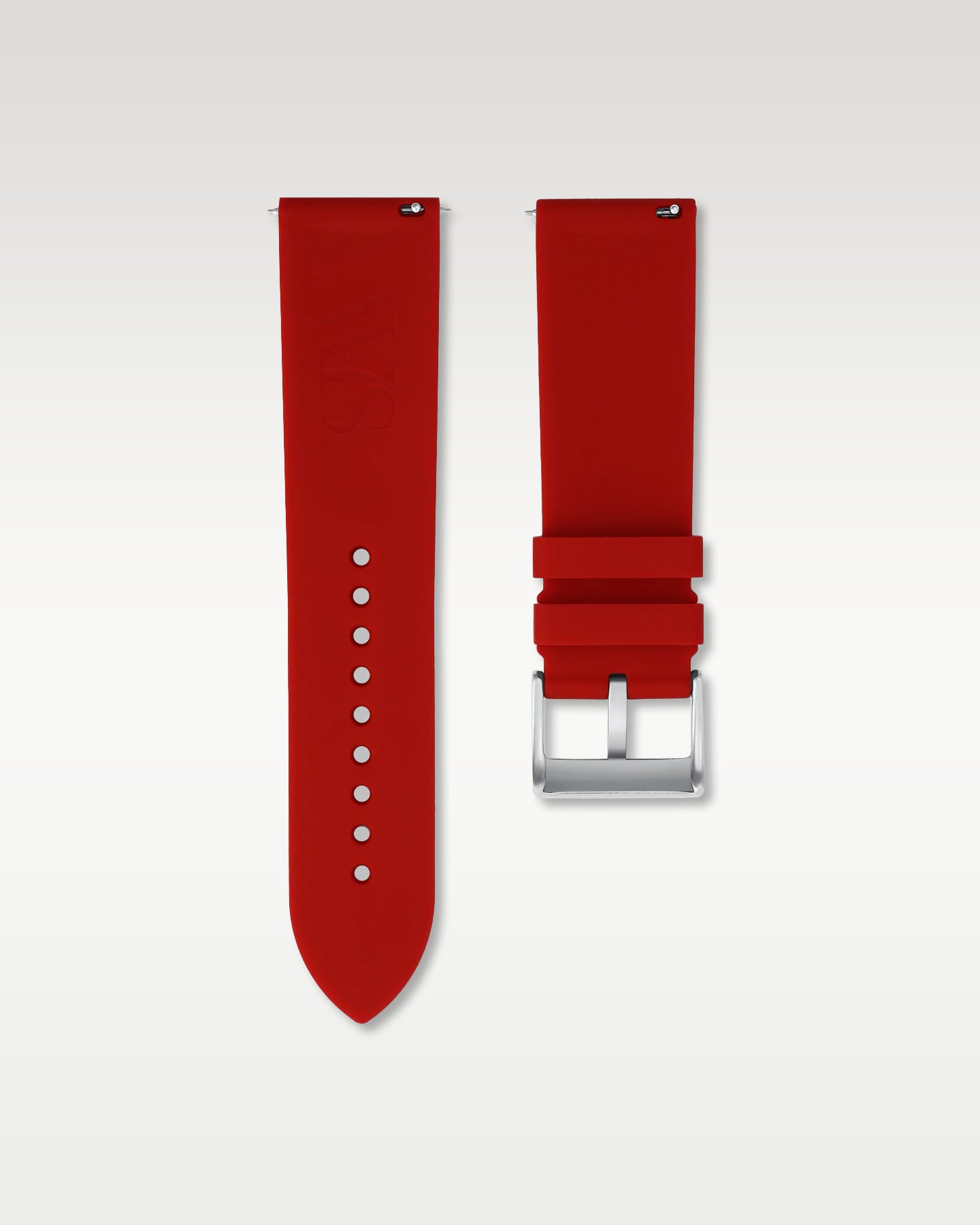Underside view of WISSTRAPS 24mm Scarlet Red quick release rubber watch strap with pre-installed silver pin buckle and quick release spring bars