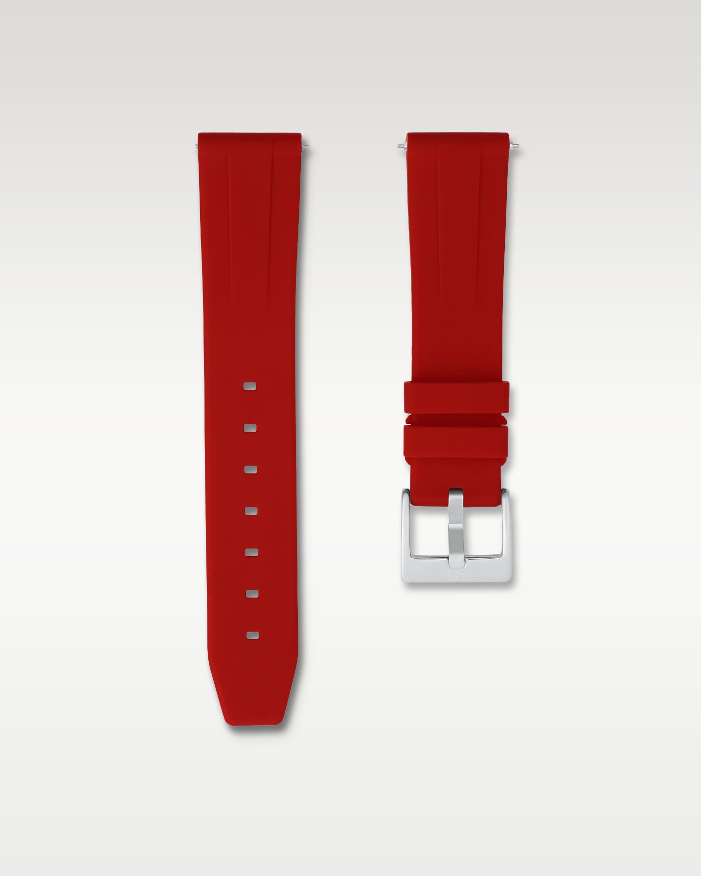 Pair view of WISSTRAPS 20mm Scarlet Red quick release rubber watch strap with pre-installed silver pin buckle and quick release spring bars