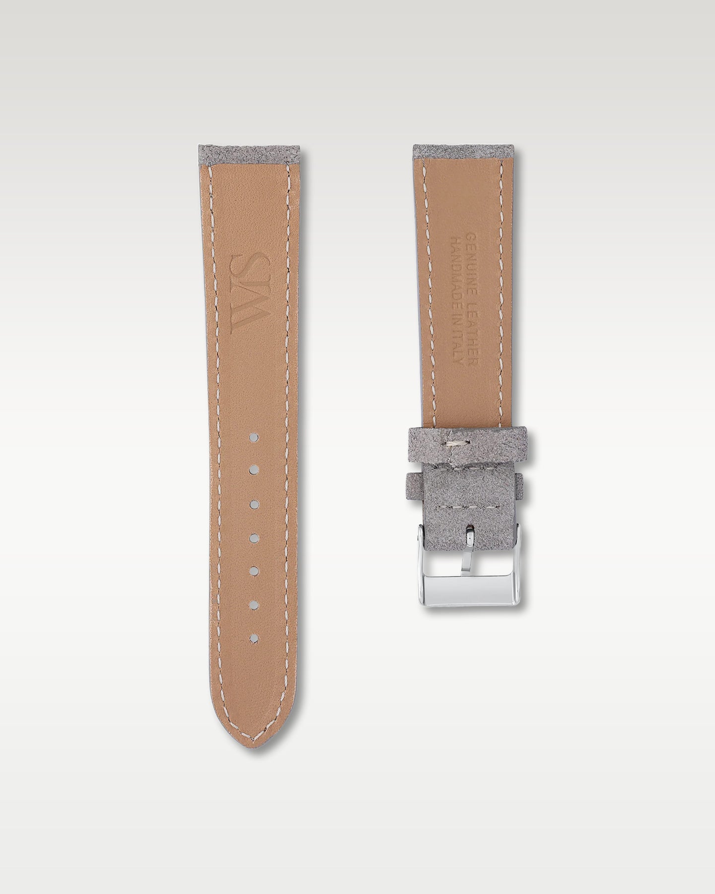 Underside view of WISSTRAPS 20mm Slate Grey suede leather watch strap showing soft tan lining and stamped brand logo
