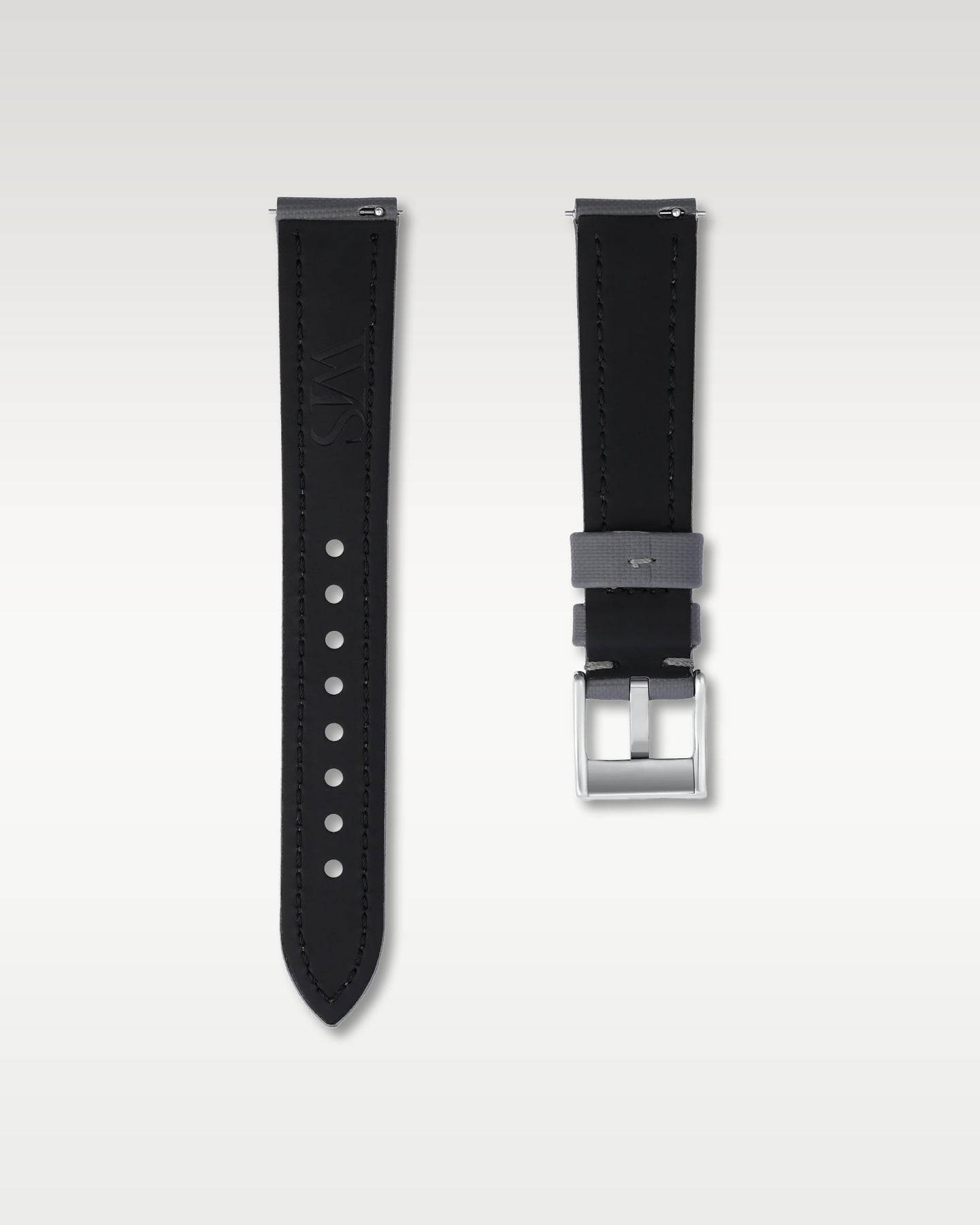 Under side view of WISSTRAPS 18mm Slate Grey sailcloth watch strap showing quick release pins and brushed pin buckle