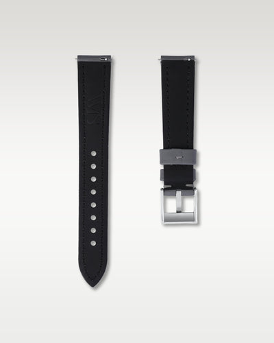 Under side view of WISSTRAPS 18mm Slate Grey sailcloth watch strap showing quick release pins and brushed pin buckle