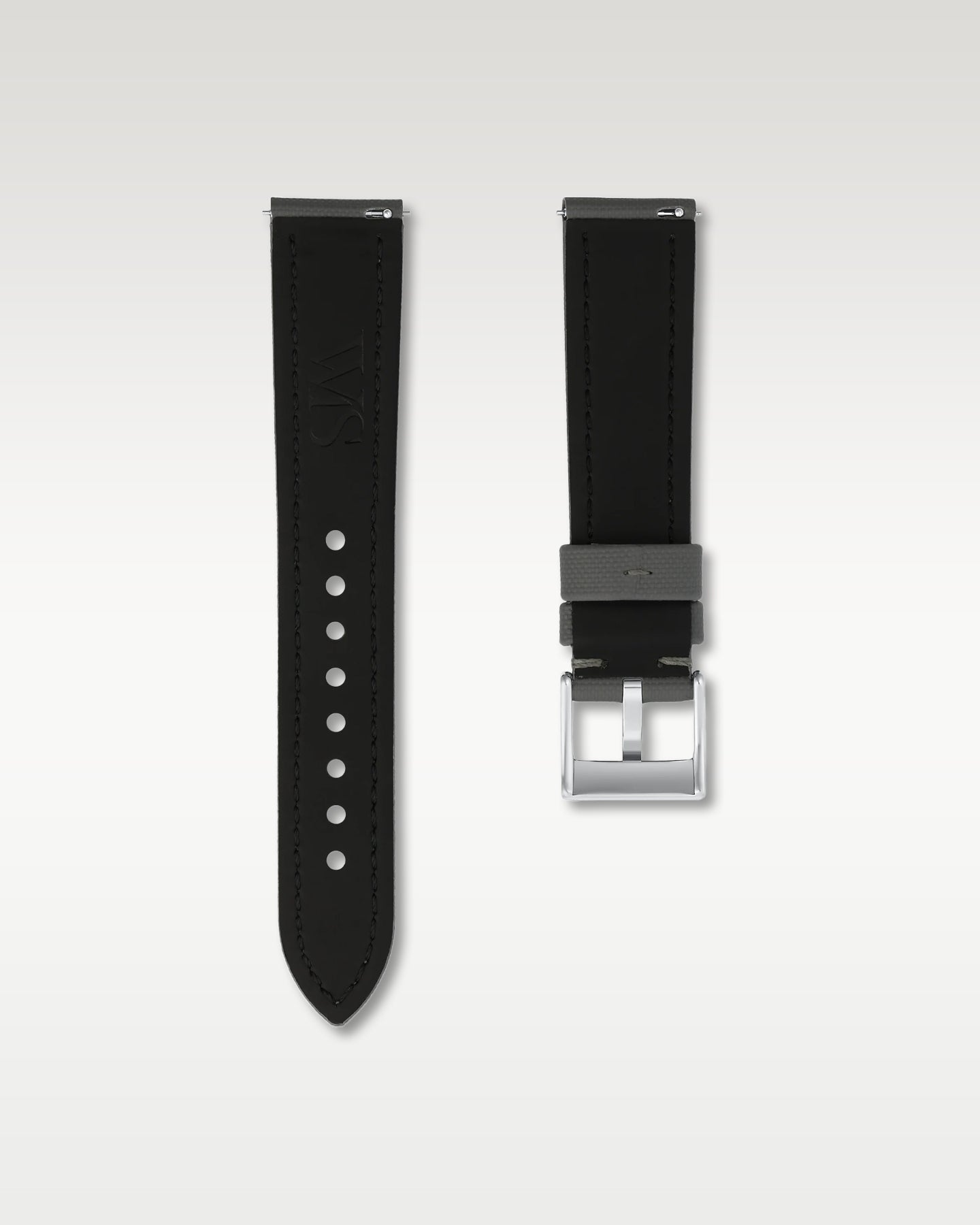 Underside view of WISSTRAPS 20mm Slate Grey sailcloth watch strap showing quick release pins and brushed pin buckle
