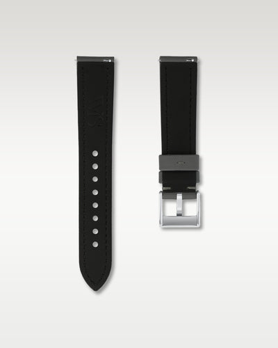 Underside view of WISSTRAPS 20mm Slate Grey sailcloth watch strap showing quick release pins and brushed pin buckle