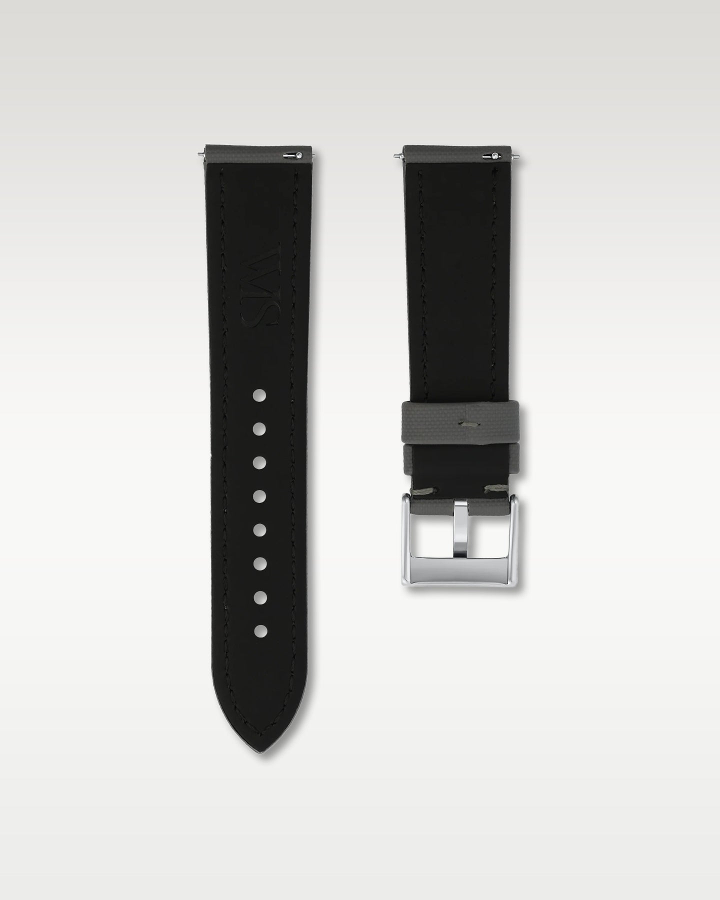 Reverse side view of a 22mm slate grey sailcloth watch strap showing integrated quick-release spring levers and black inner lining