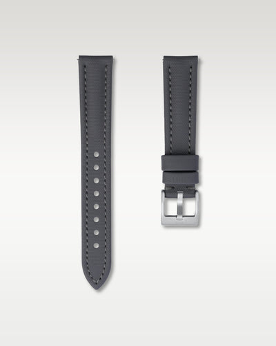WISSTRAPS 18mm Slate Grey waterproof sailcloth watch strap featuring quick release spring bars and engraved silver buckle