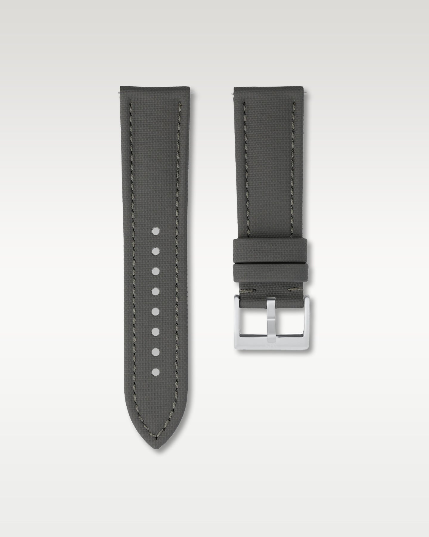 Front view of a 24mm slate grey sailcloth watch band showcasing its woven cross-hatch fabric texture and brushed steel pin buckle